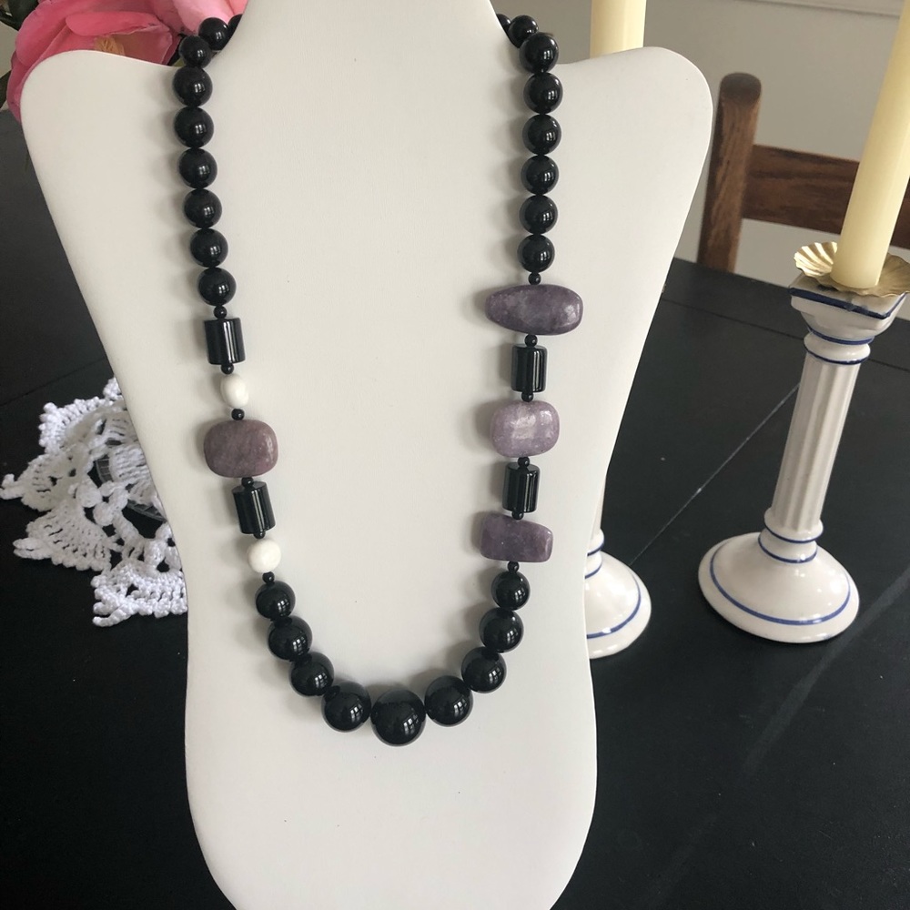 Black, white bead and purple agate necklace.